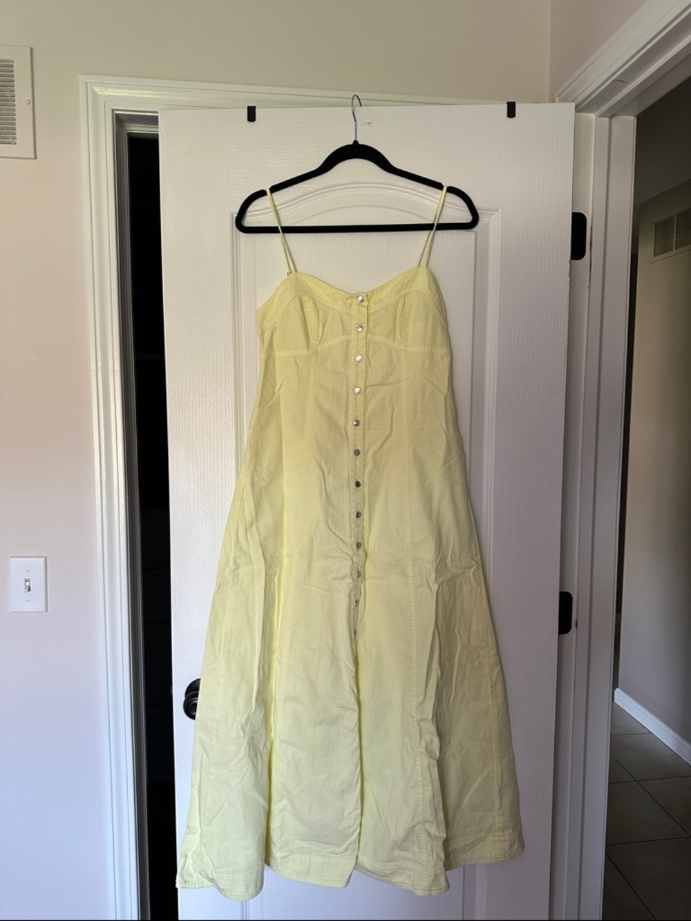 Free People Pale Yellow Button-Front Spaghetti Strap Maxi Dress